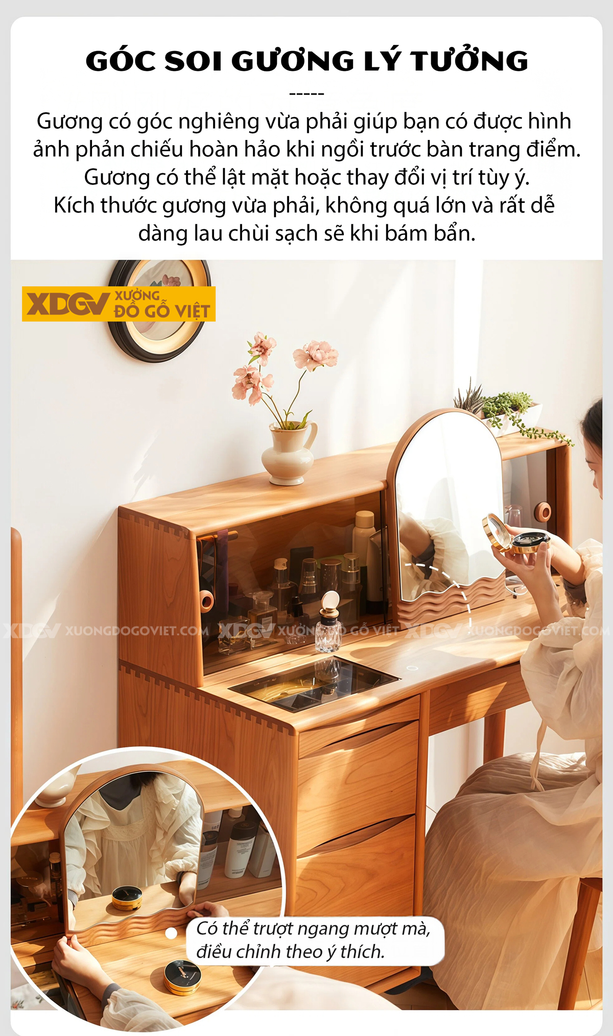 Mẫu Bàn Trang Điểm Phòng Khách Gỗ Sồi Chân Cao Mặt Phối Kính