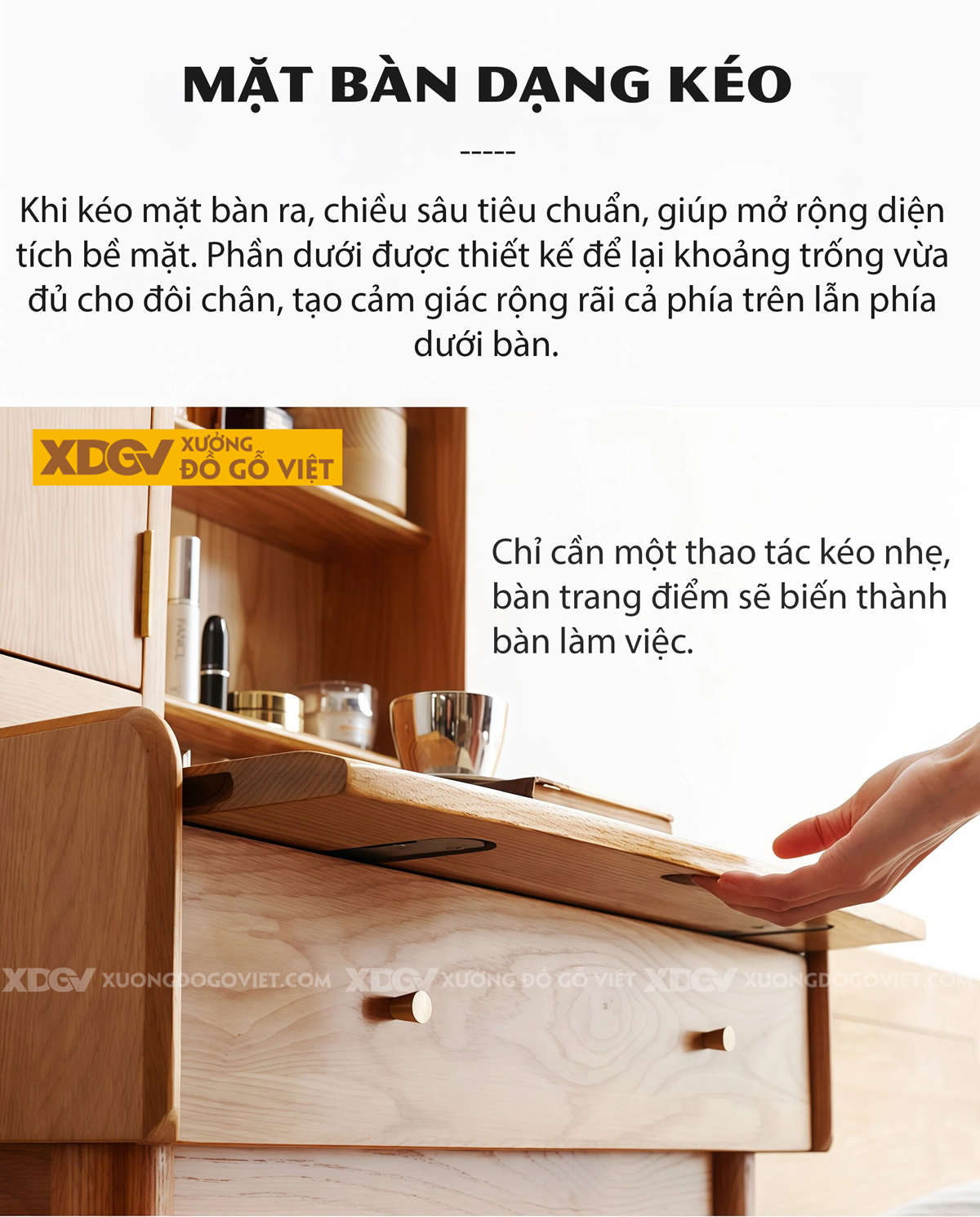 Mẫu Bàn Trang Điểm Phòng Khách Gỗ Sồi Chân Côn Cánh Kính Lùa