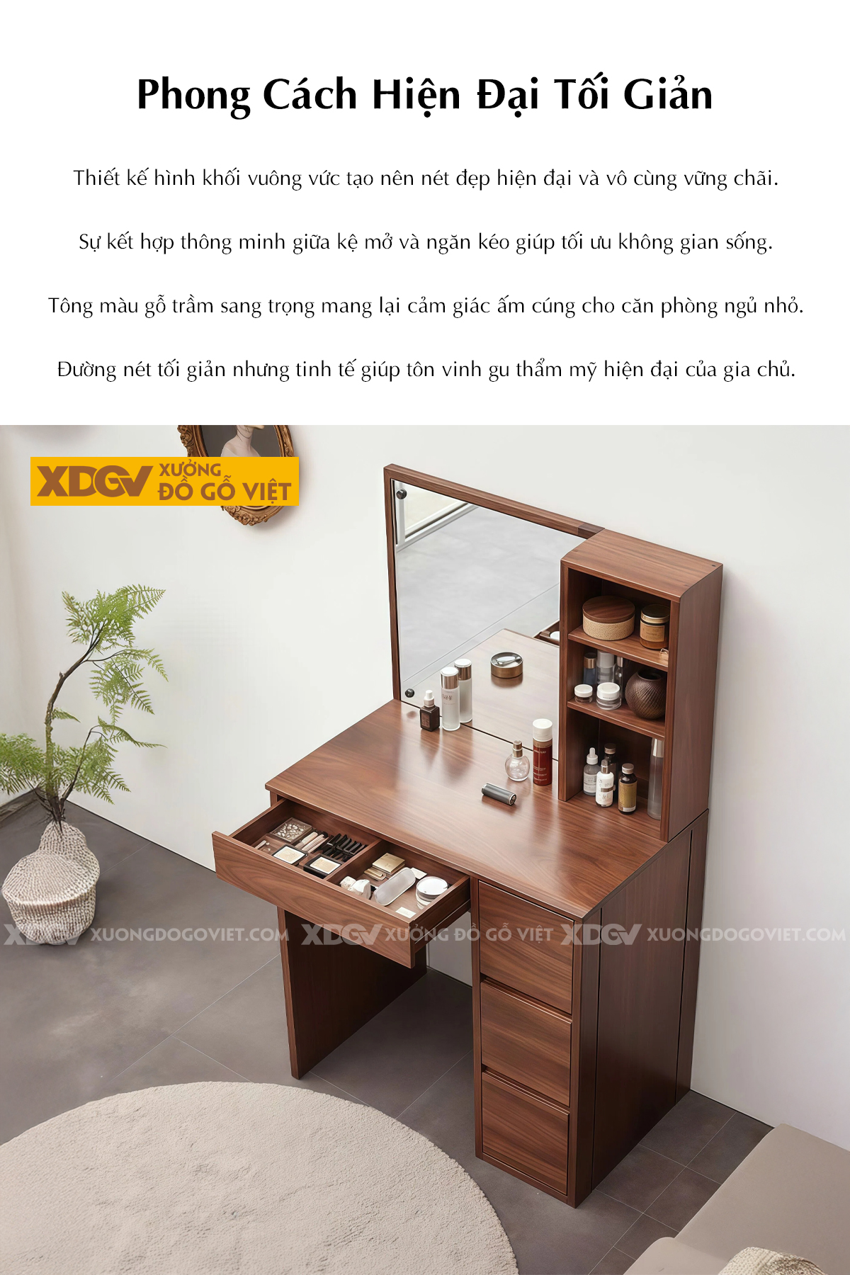 Mẫu Bàn Trang Điểm Phòng Ngủ Gỗ Óc Chó Phối Gương Hiện Đại