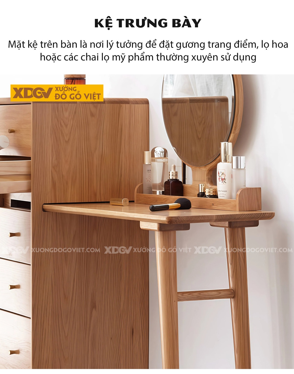 Mẫu Bàn Trang Điểm Phòng Ngủ Gỗ Sồi Chân Côn Góc Bo Mềm Mại