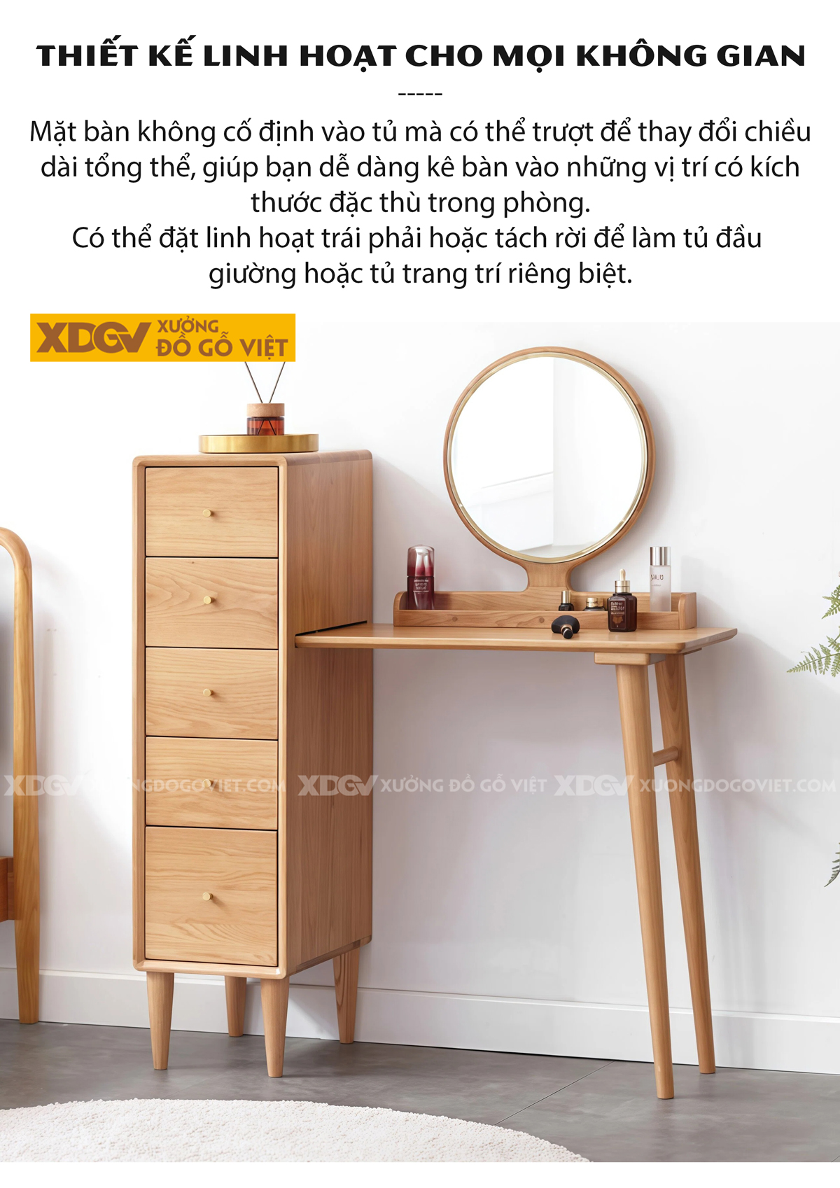 Mẫu Bàn Trang Điểm Phòng Ngủ Gỗ Sồi Chân Côn Góc Bo Mềm Mại