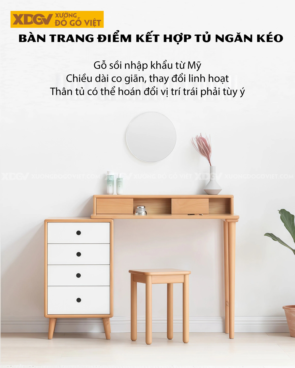 Mẫu Bàn Trang Điểm Phòng Ngủ Gỗ Sồi Kết Hợp Tủ Linh Hoạt