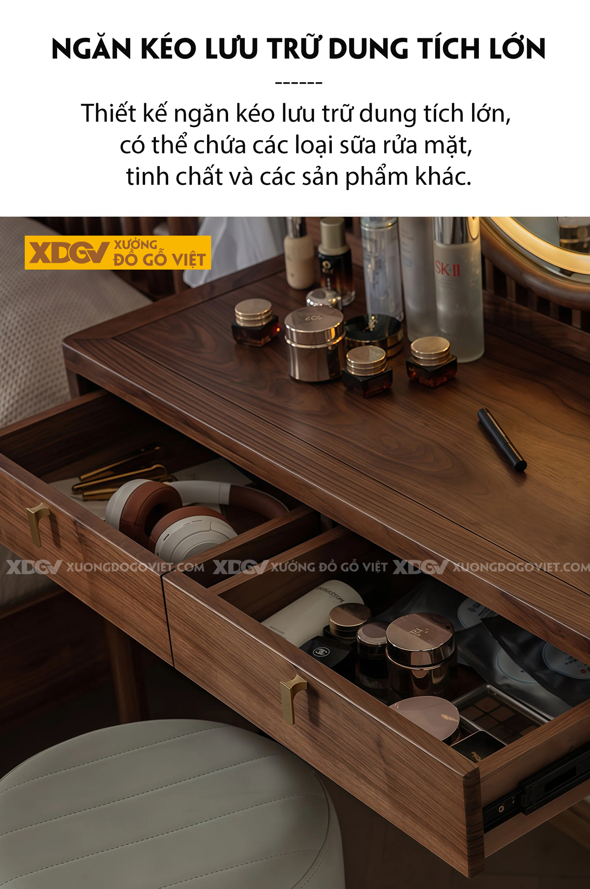 Mẫu Bàn Trang Điểm Phòng Ngủ Gỗ Veneer Sồi Phối Tủ Kính Sọc