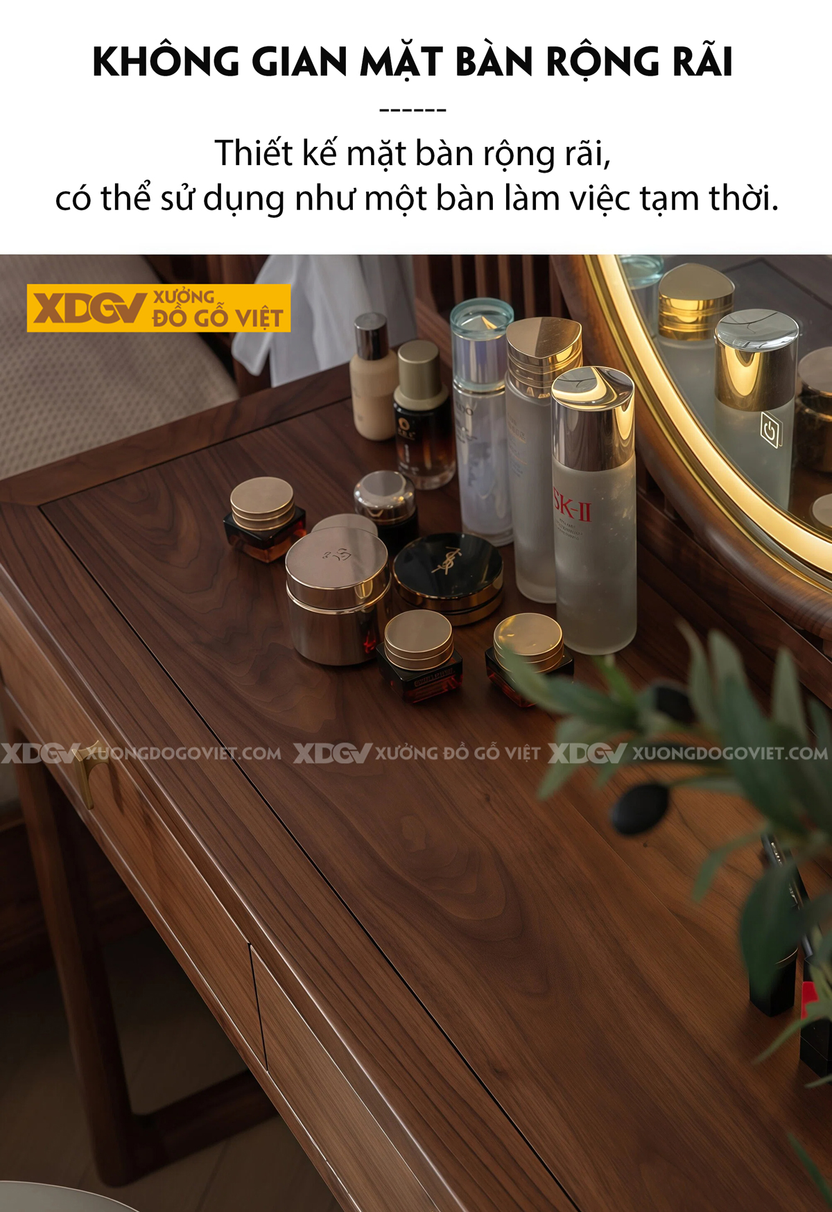 Mẫu Bàn Trang Điểm Phòng Ngủ Gỗ Veneer Sồi Phối Tủ Kính Sọc