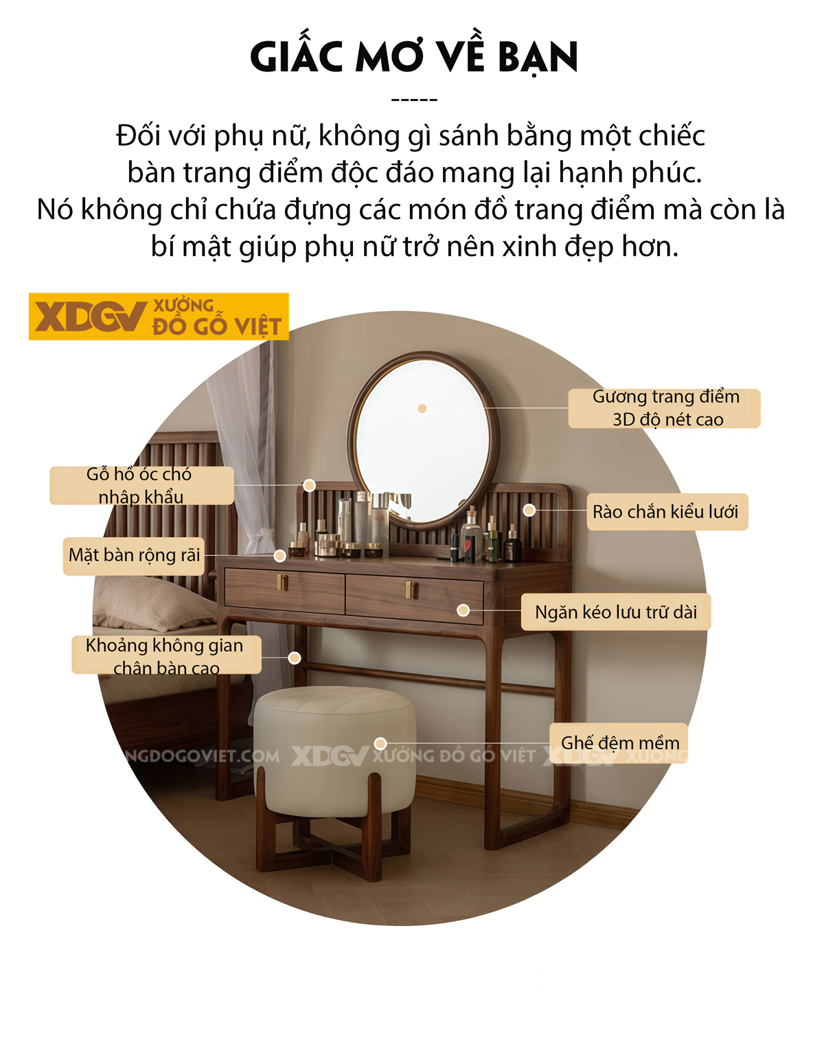 Mẫu Bàn Trang Điểm Phòng Ngủ Gỗ Veneer Sồi Phối Tủ Kính Sọc