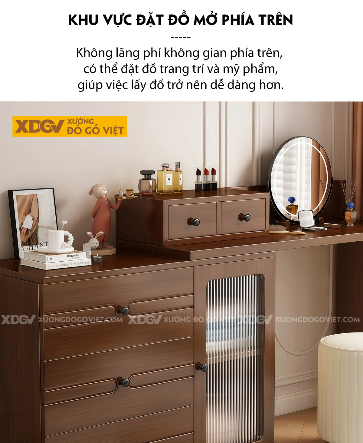 Mẫu Bàn Trang Điểm Phòng Ngủ Gỗ Veneer Sồi Phối Tủ Kính Sọc