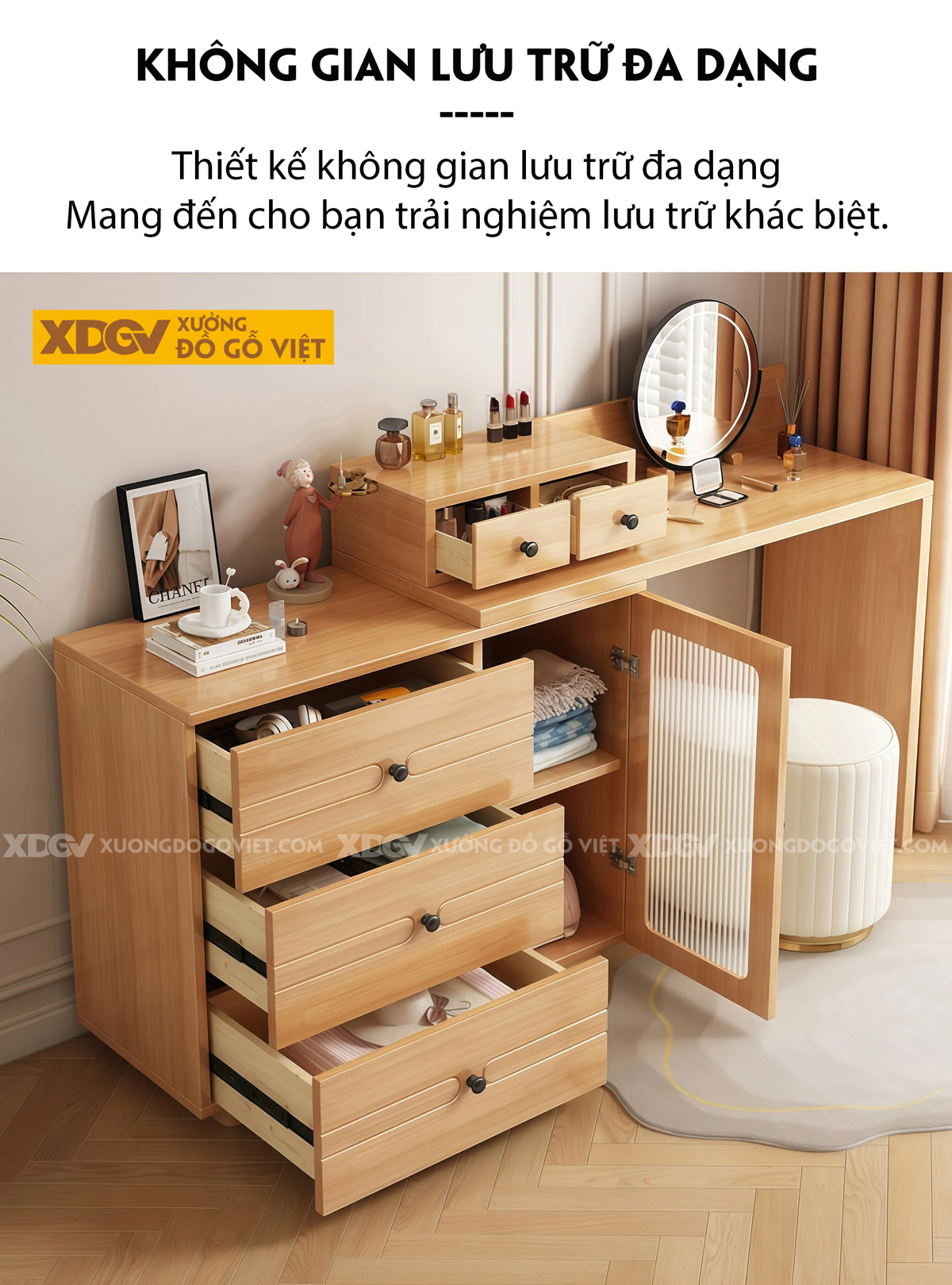 Mẫu Bàn Trang Điểm Phòng Ngủ Gỗ Veneer Sồi Phối Tủ Kính Sọc