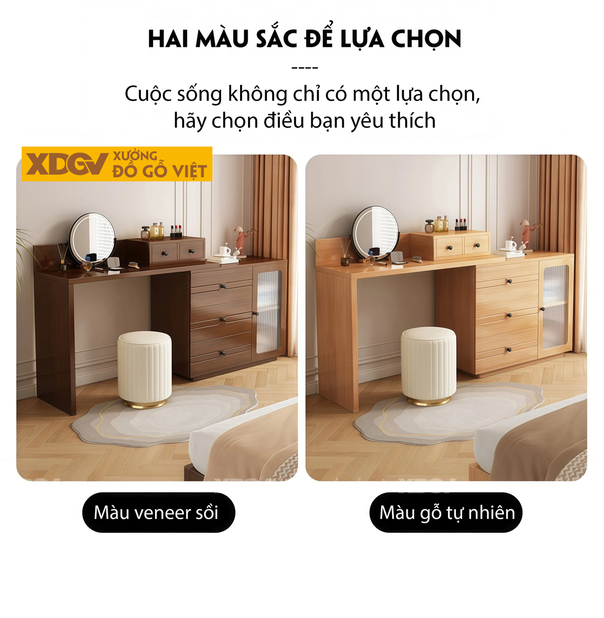 Mẫu Bàn Trang Điểm Phòng Ngủ Gỗ Veneer Sồi Phối Tủ Kính Sọc