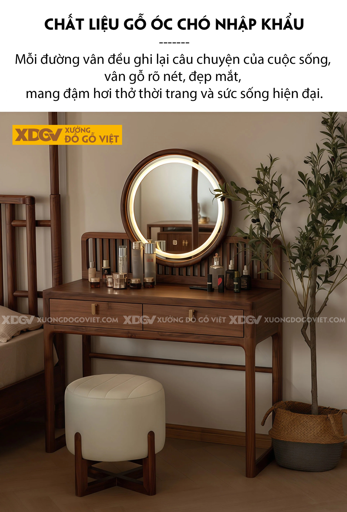 Mẫu Bàn Trang Điểm Phòng Ngủ Gỗ Veneer Sồi Phối Tủ Kính Sọc