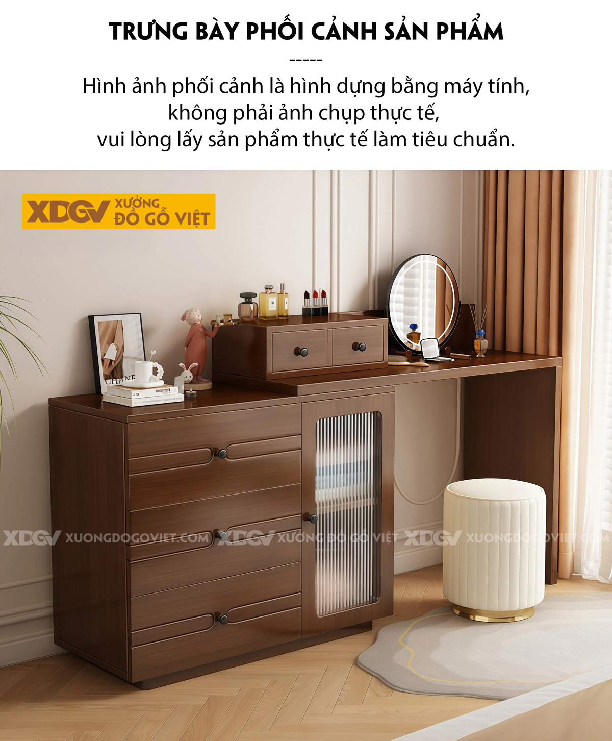 Mẫu Bàn Trang Điểm Phòng Ngủ Gỗ Veneer Sồi Phối Tủ Kính Sọc