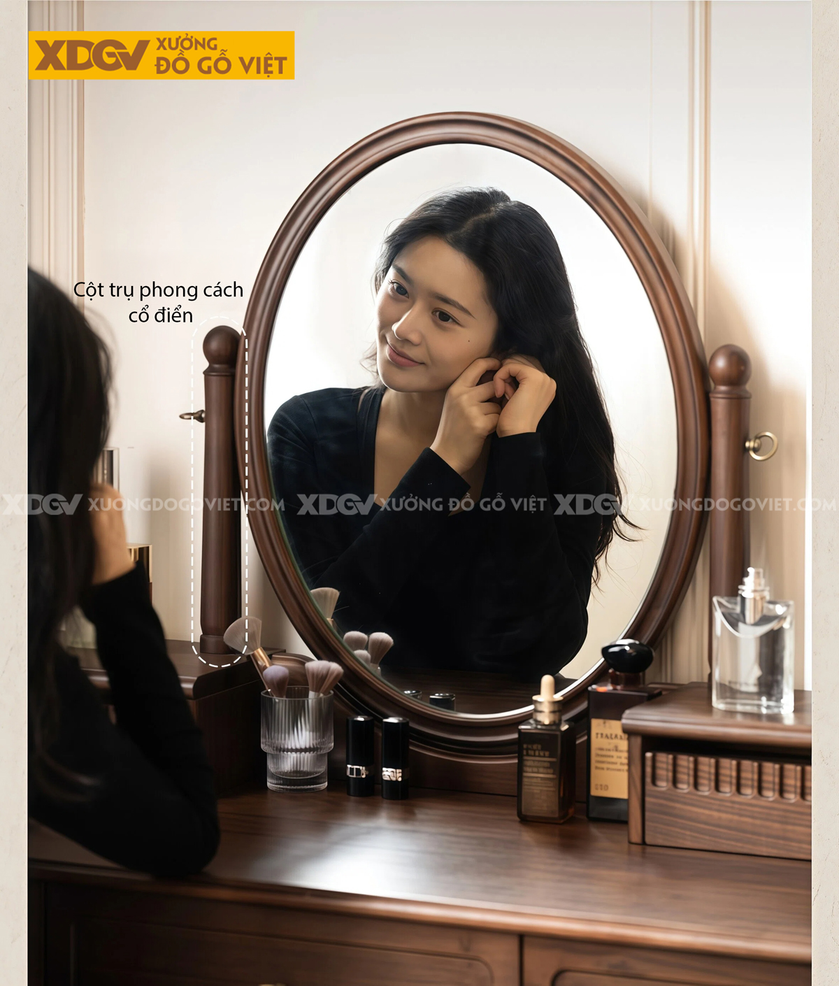 Mẫu Bàn Trang Điểm Tân Cổ Điển Phòng Ngủ Gỗ Sồi Gương Oval