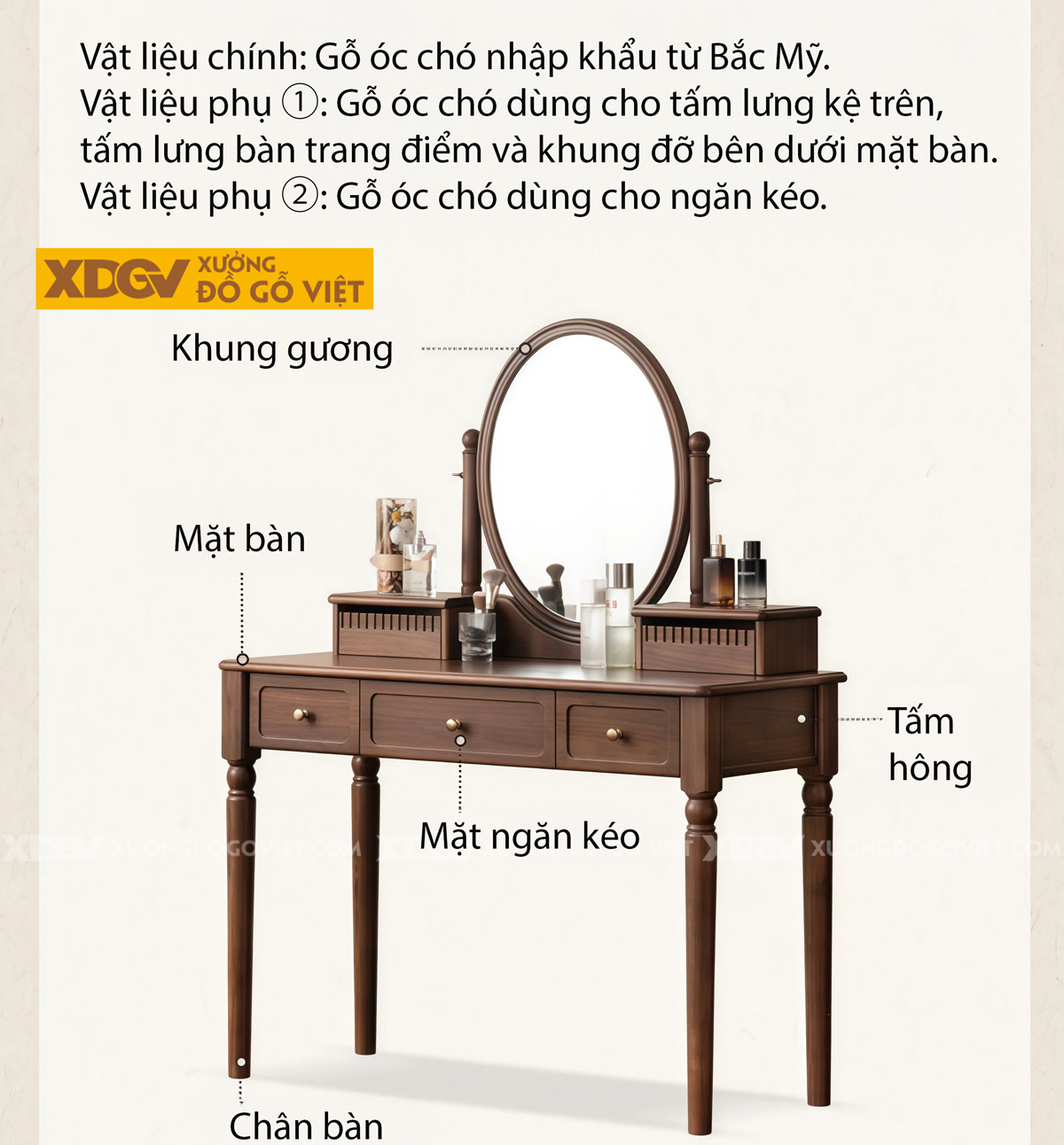 Mẫu Bàn Trang Điểm Tân Cổ Điển Phòng Ngủ Gỗ Sồi Gương Oval