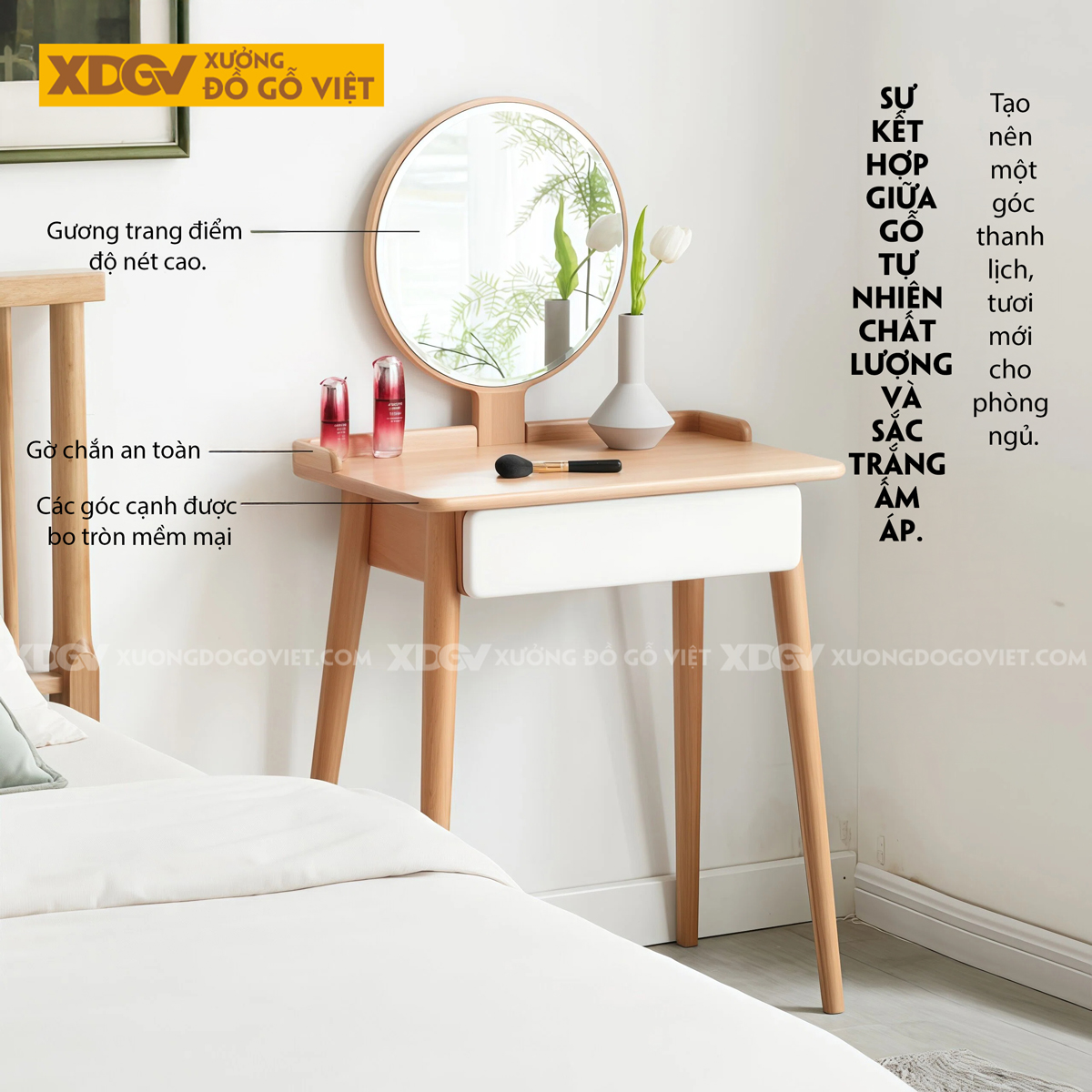 Mẫu Bàn Trang Điểm Thông Minh Gỗ Sồi Chân Chữ H Kết Hợp Tủ