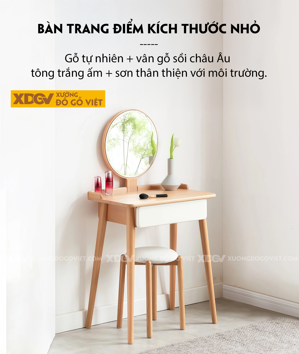 Mẫu Bàn Trang Điểm Thông Minh Gỗ Sồi Chân Chữ H Kết Hợp Tủ