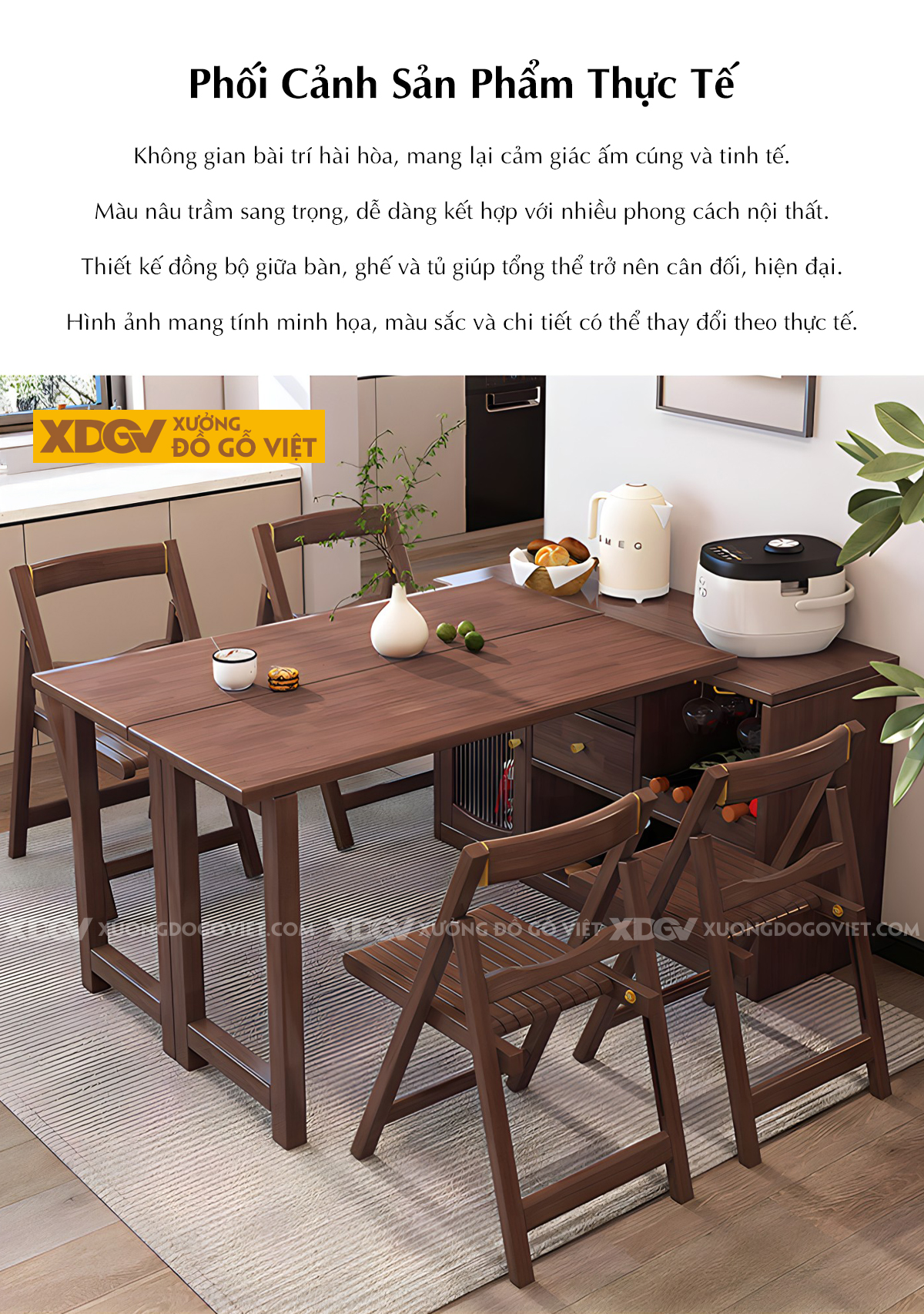 Mẫu Bộ Bàn Ăn Phòng Bếp Gỗ Óc Chó Tựa Vòm Cong Bo Ôm Cơ Thể