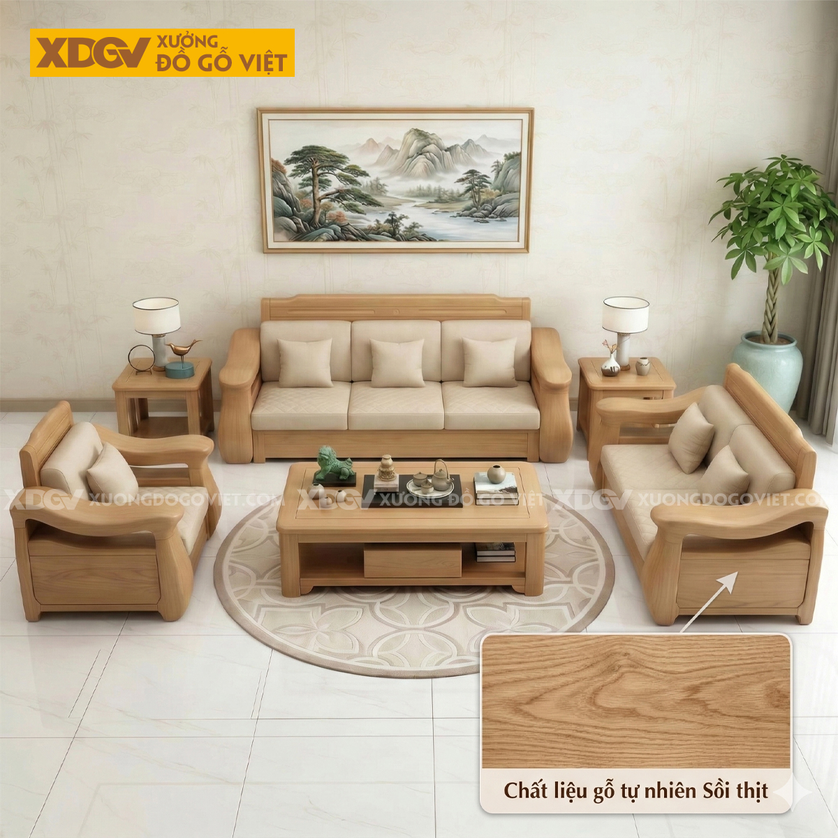 Mẫu Bộ Bàn Ghế Sofa Gỗ Sồi Thời Thượng Chân Ngắn Vững Chãi