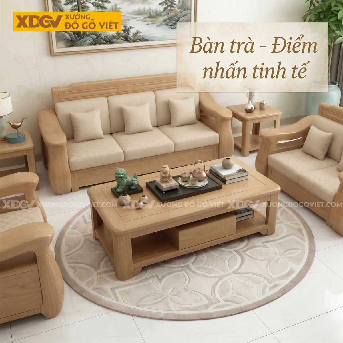 Mẫu Bộ Bàn Ghế Sofa Gỗ Sồi Thời Thượng Chân Ngắn Vững Chãi