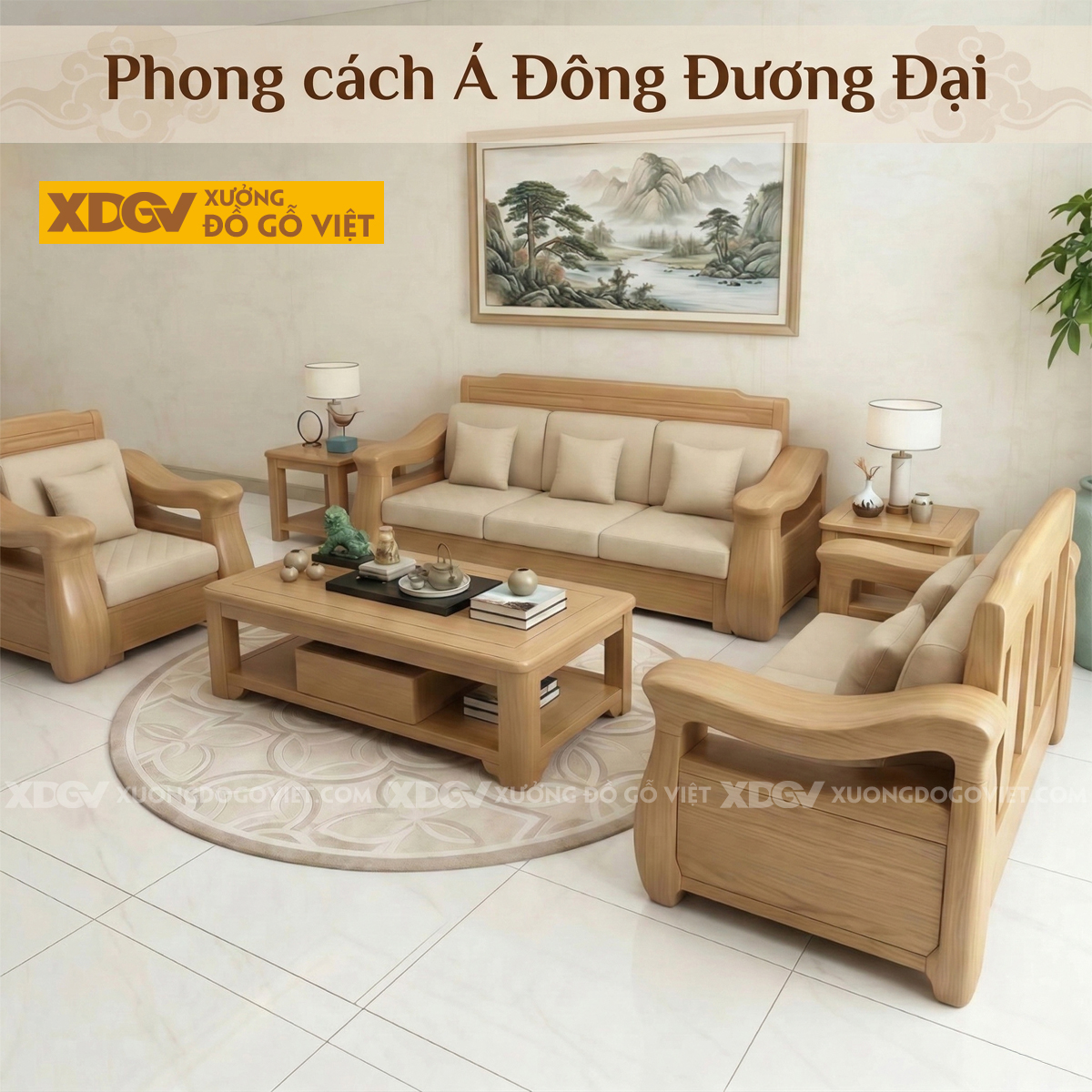 Mẫu Bộ Bàn Ghế Sofa Gỗ Sồi Thời Thượng Chân Ngắn Vững Chãi