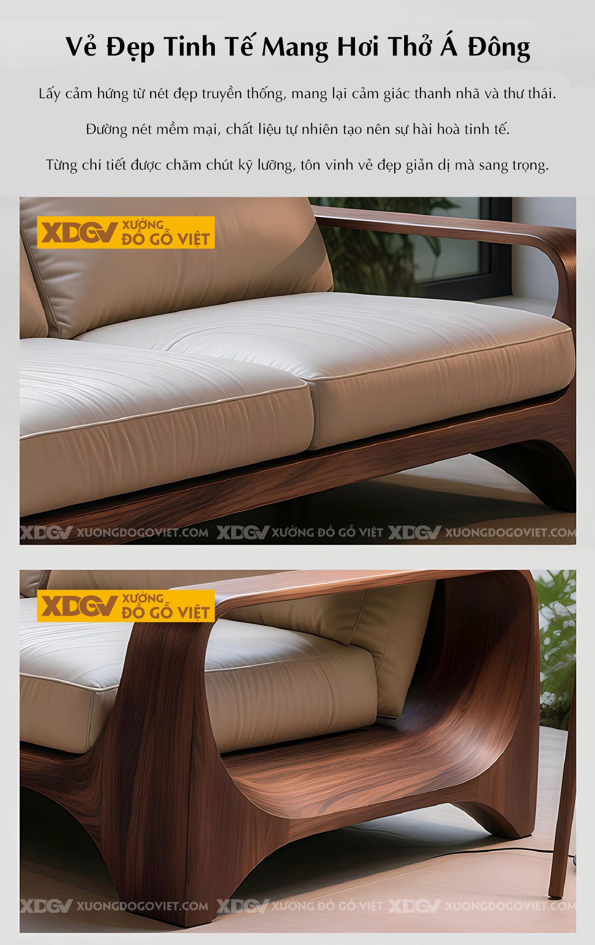 Mẫu Ghế Sofa Gỗ Óc Chó Khung Gỗ Bo Tròn Chân Vòm Tay Chữ C