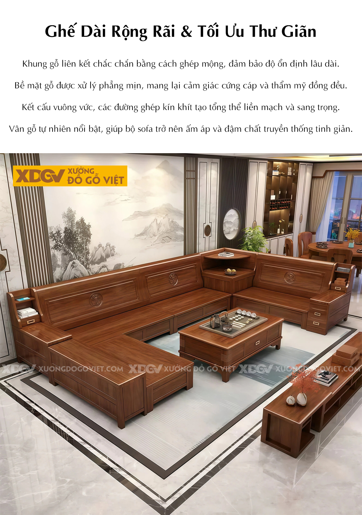 Mẫu Ghế Sofa Gỗ Óc Chó Khung Gỗ Bo Tròn Chân Vòm Tay Chữ C