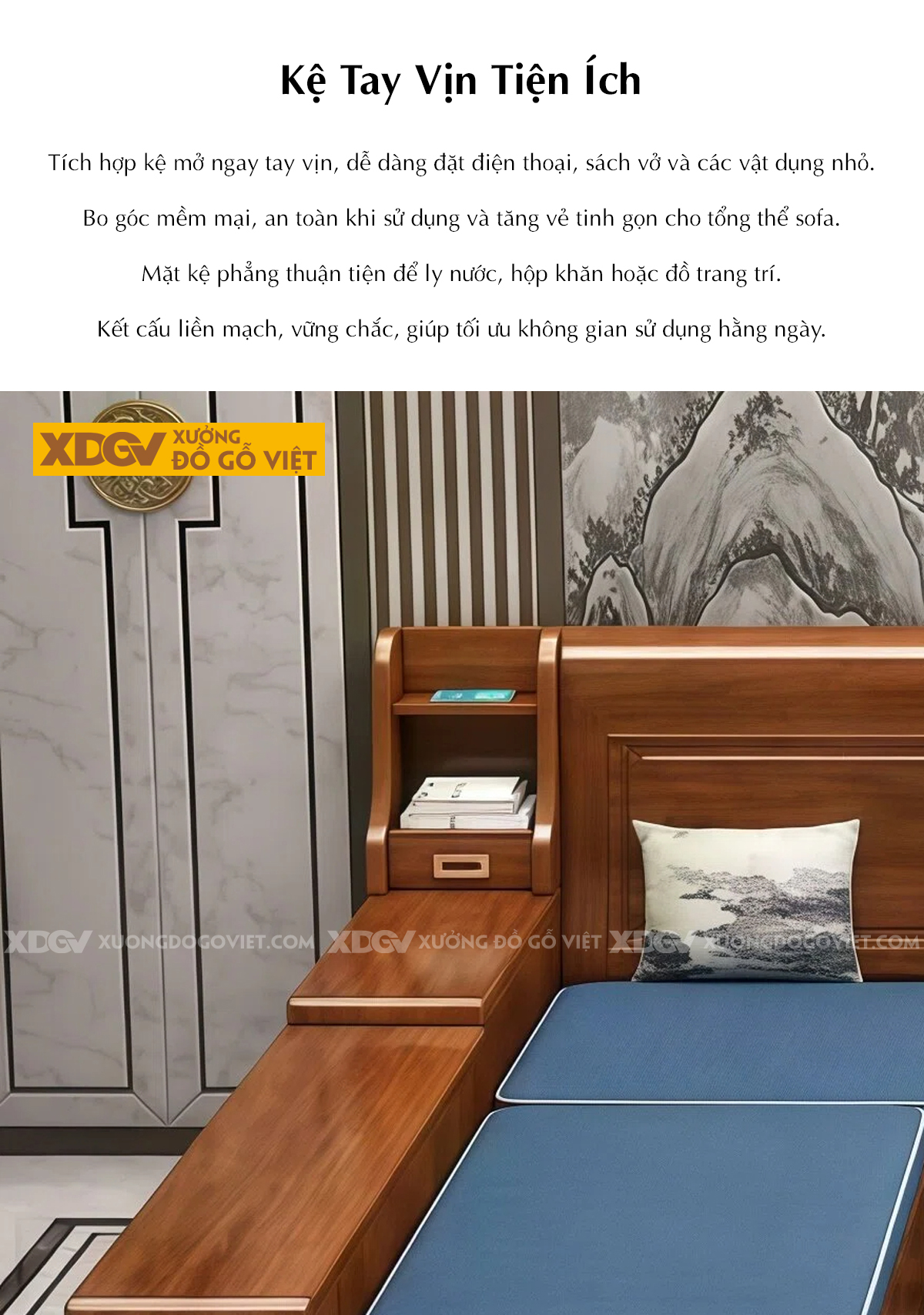 Mẫu Ghế Sofa Gỗ Óc Chó Khung Gỗ Bo Tròn Chân Vòm Tay Chữ C