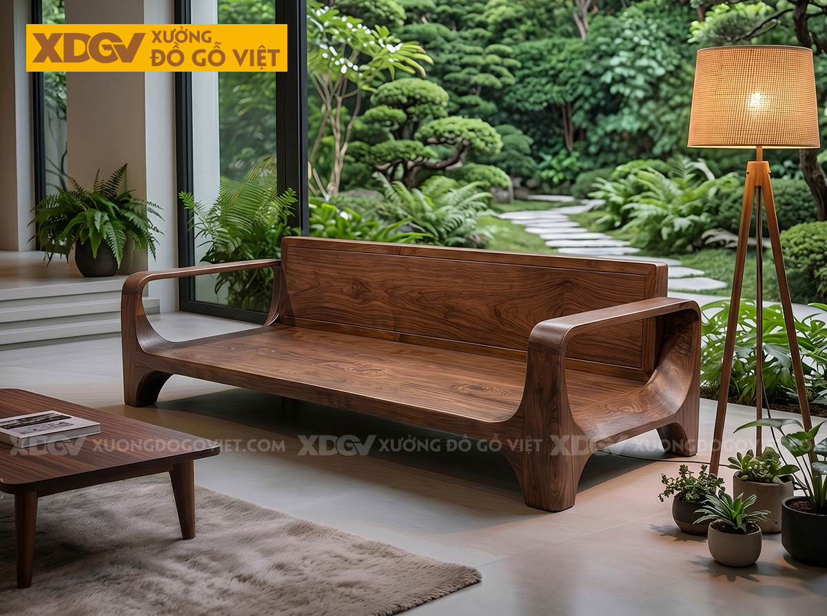 Mẫu Ghế Sofa Gỗ Óc Chó Khung Gỗ Bo Tròn Chân Vòm Tay Chữ C