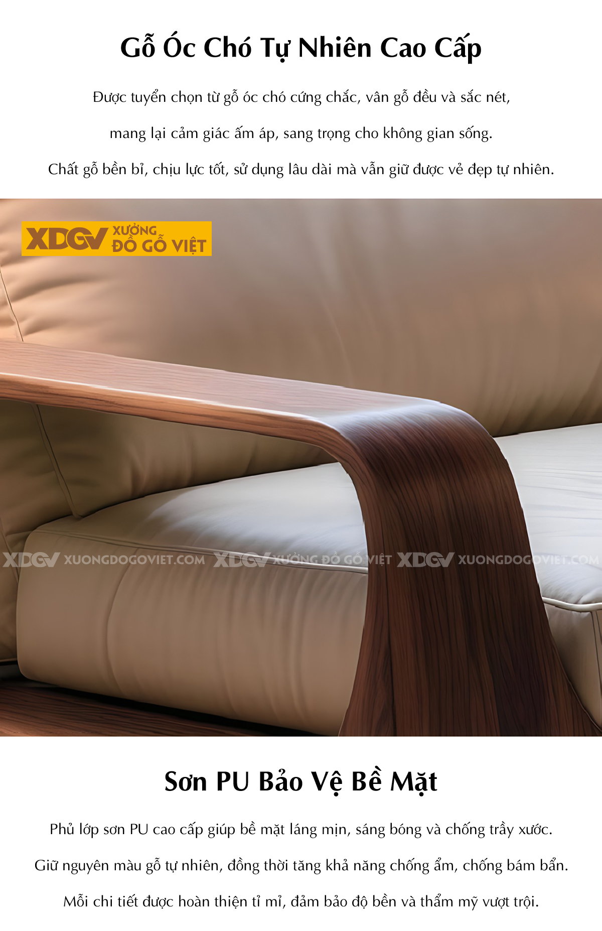 Mẫu Ghế Sofa Gỗ Óc Chó Khung Gỗ Bo Tròn Chân Vòm Tay Chữ C