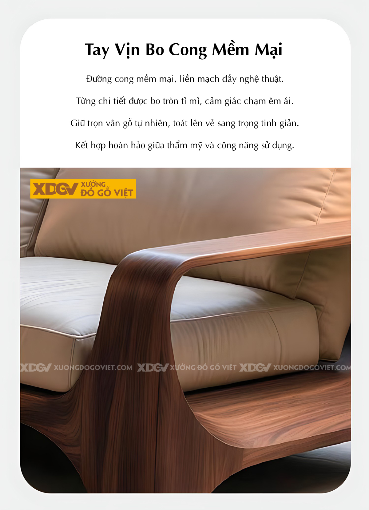Mẫu Ghế Sofa Gỗ Óc Chó Khung Gỗ Bo Tròn Chân Vòm Tay Chữ C