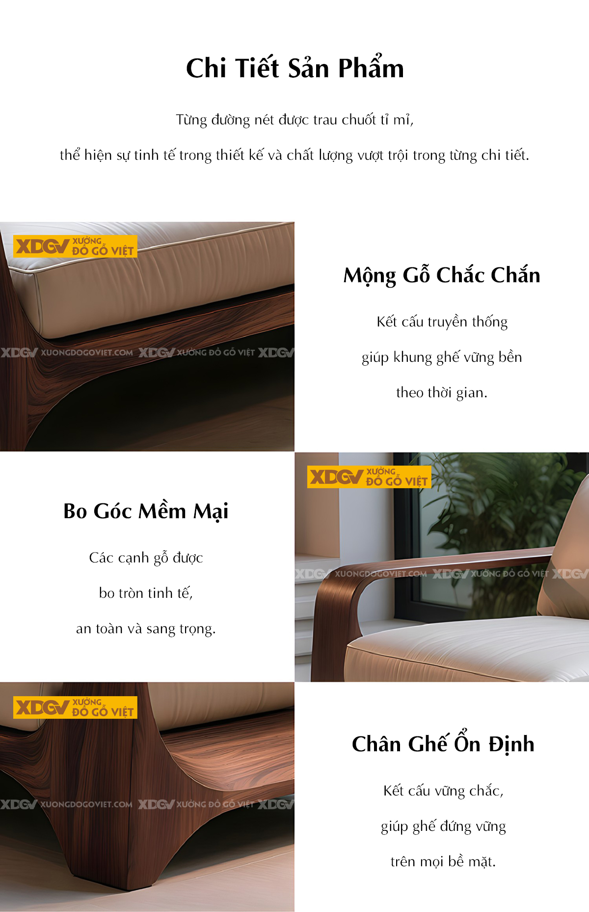 Mẫu Ghế Sofa Sồi Khung Gỗ Bo Tròn Chân Vòm Tay Chữ C