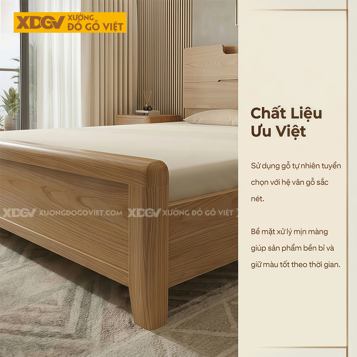 Mẫu Giường Ngủ Hiện Đại Gỗ Sồi Mỹ Chân Cao Kèm Kệ Đầu Giường