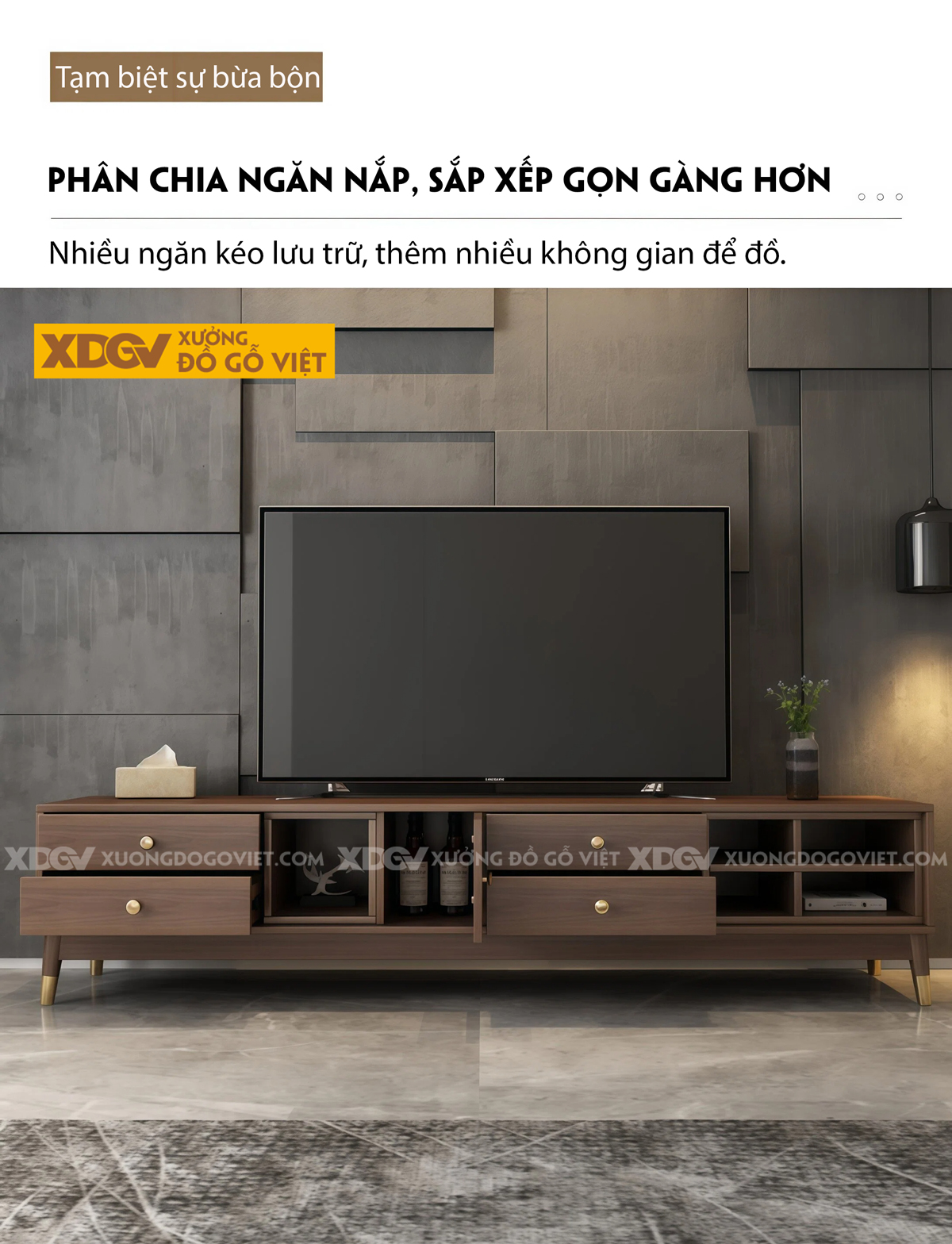 Mẫu Kệ Để Tivi Gỗ MDF Chân Cao Nhấn Kim Loại Đa Ngăn Lưu Trữ