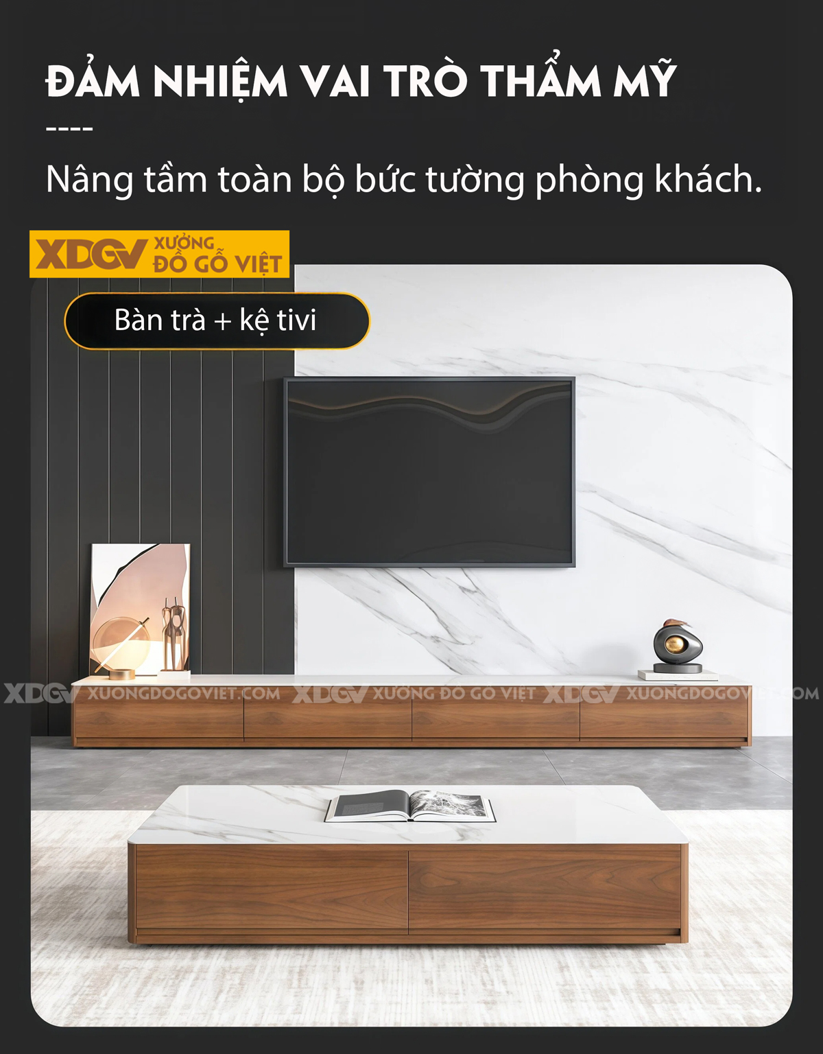 Mẫu Kệ Để Tivi Gỗ MDF Mặt Đá Vân Mây Dáng Thấp Sang Trọng