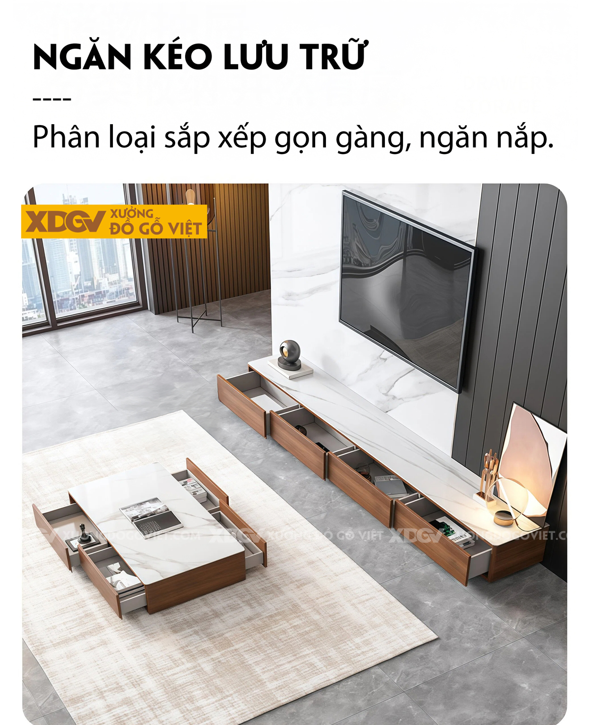 Mẫu Kệ Để Tivi Gỗ MDF Mặt Đá Vân Mây Dáng Thấp Sang Trọng