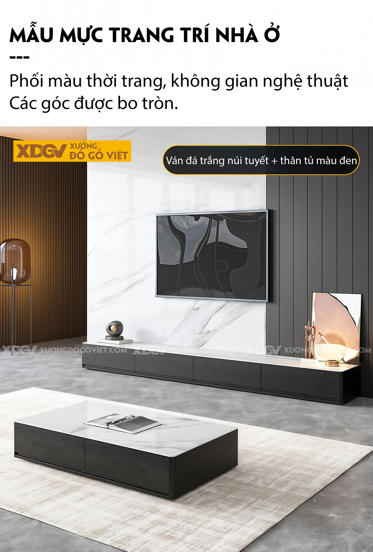 Mẫu Kệ Để Tivi Gỗ MDF Mặt Đá Vân Mây Dáng Thấp Sang Trọng