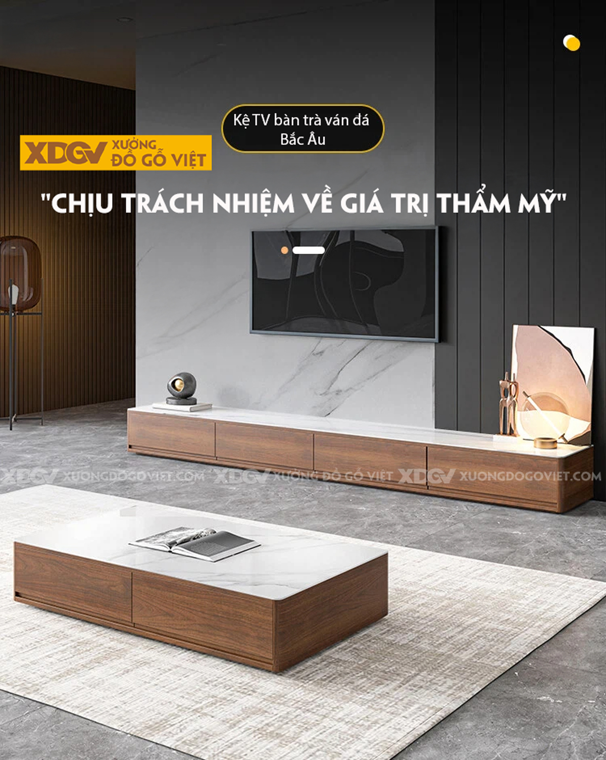 Mẫu Kệ Để Tivi Gỗ MDF Mặt Đá Vân Mây Dáng Thấp Sang Trọng