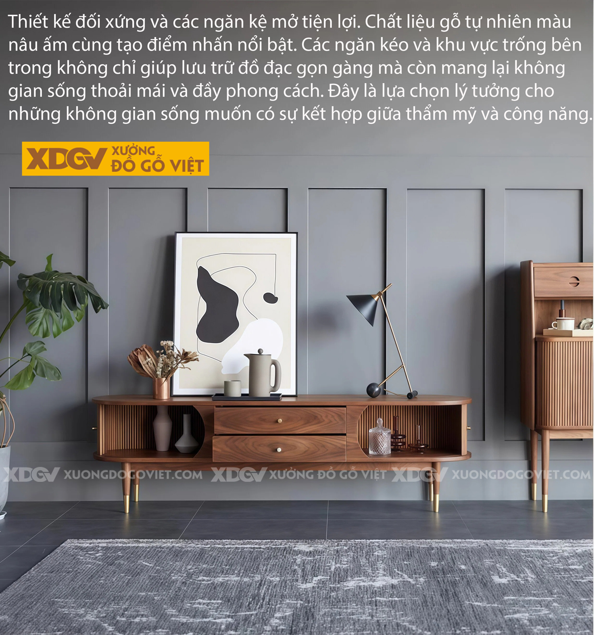 Mẫu Kệ Để Tivi Gỗ Óc Chó Bo Cong Chân Cao Phối Nan Trang Nhã