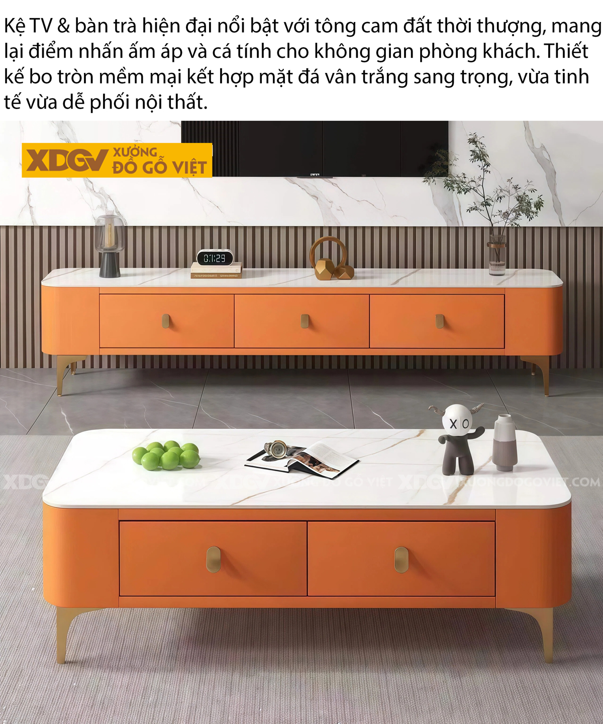 Mẫu Kệ Để Tivi Phòng Khách Gỗ Công Nghiệp Mặt Đá Chân Cao