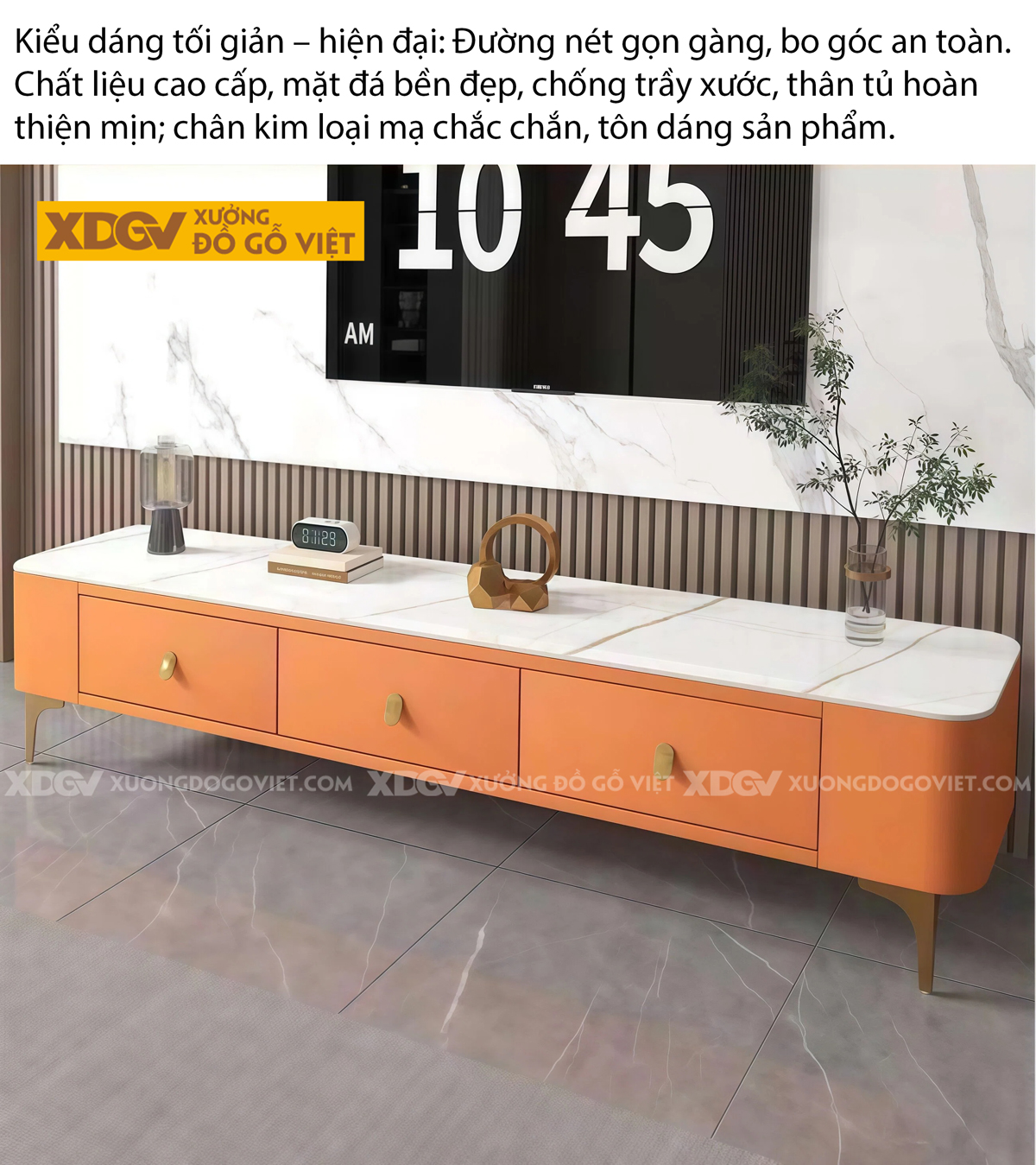 Mẫu Kệ Để Tivi Phòng Khách Gỗ Công Nghiệp Mặt Đá Chân Cao