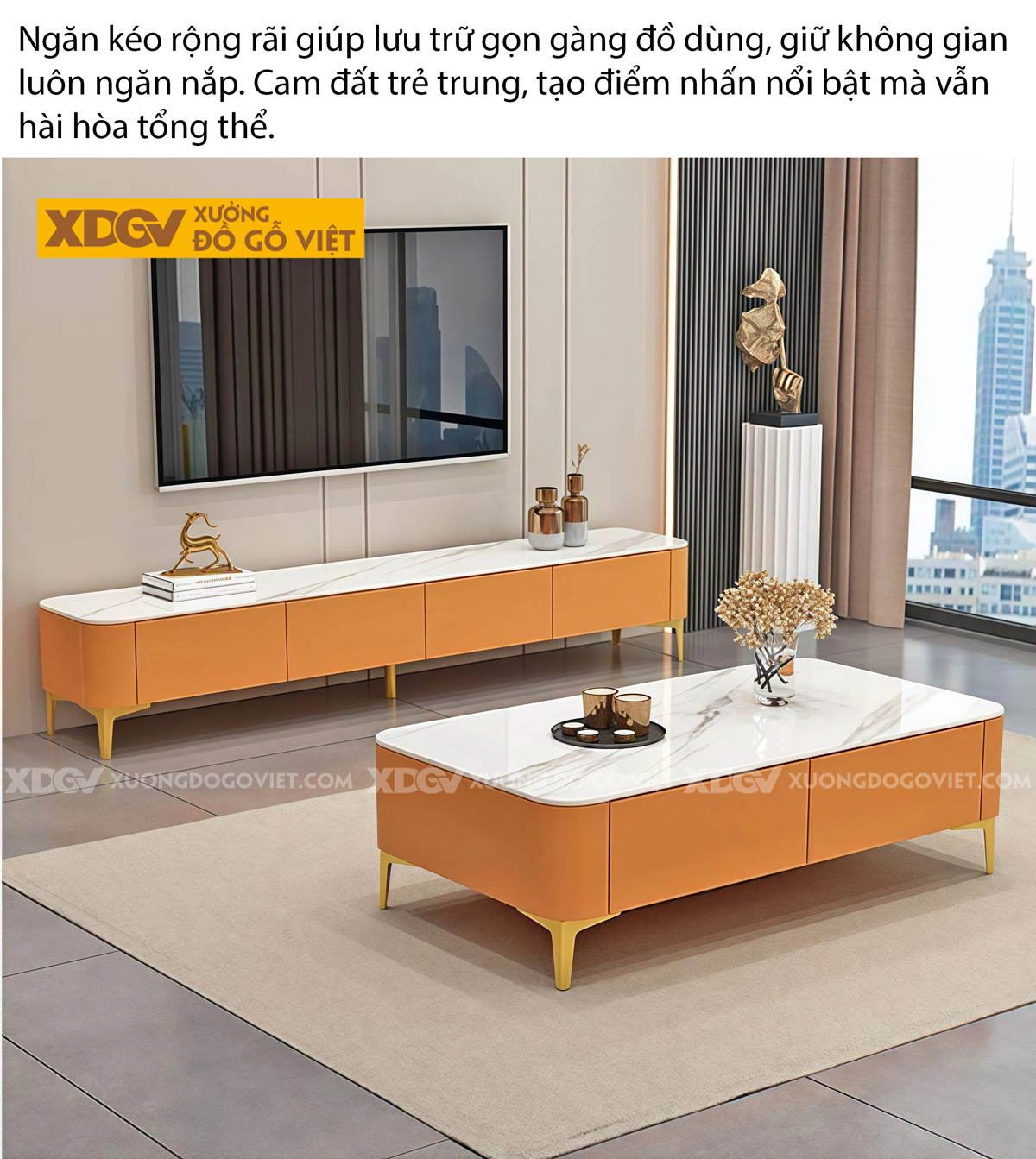 Mẫu Kệ Để Tivi Phòng Khách Gỗ Công Nghiệp Mặt Đá Chân Cao