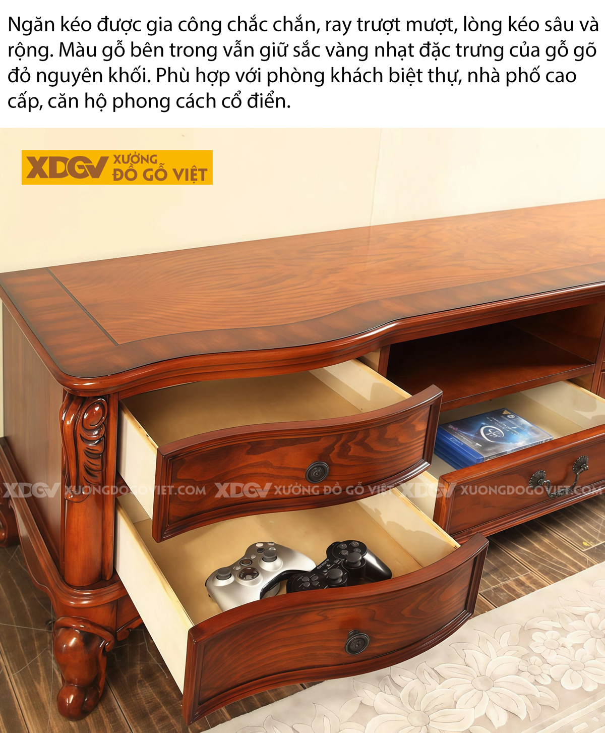 Mẫu Kệ Để Tivi Phòng Khách Gỗ Gõ Đỏ Tân Cổ Điển Hoàng Gia