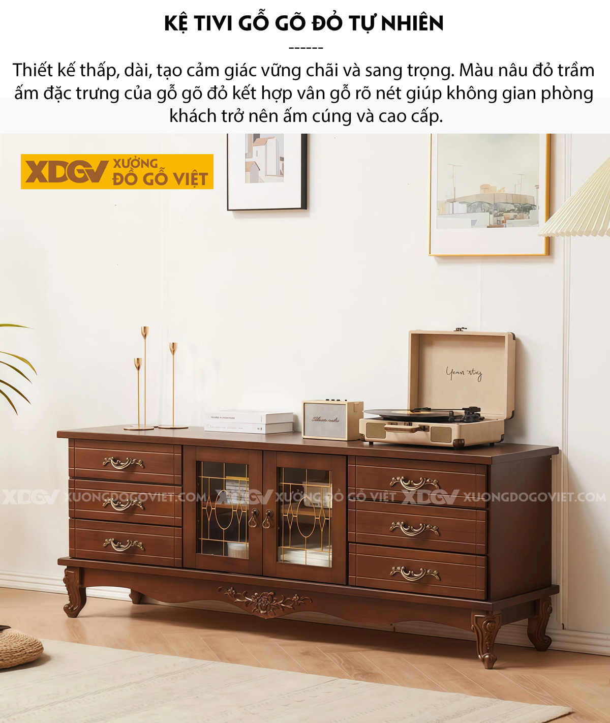 Mẫu Kệ Để Tivi Phòng Khách Gỗ Gõ Đỏ Tân Cổ Điển Hoàng Gia