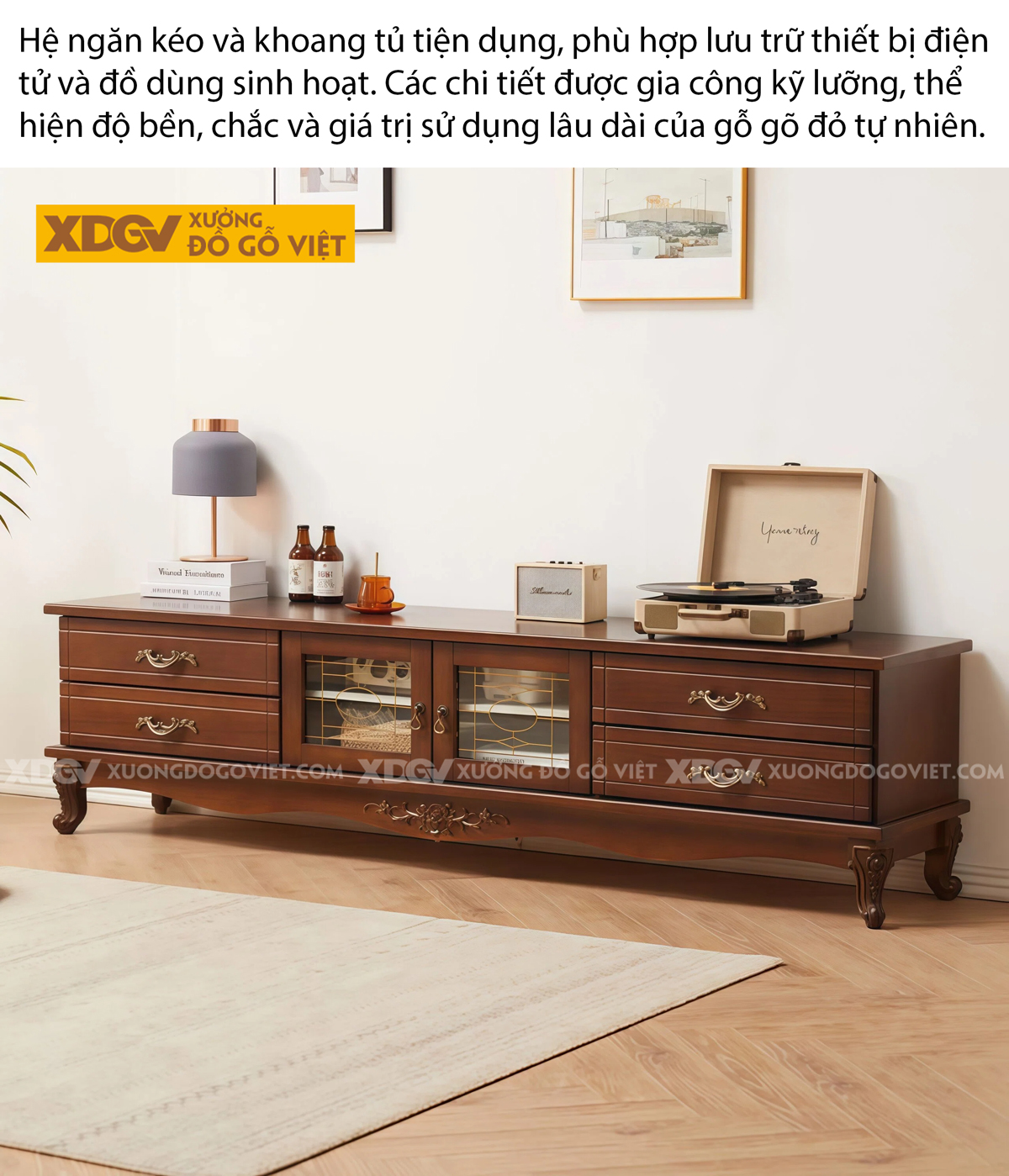 Mẫu Kệ Để Tivi Phòng Khách Gỗ Gõ Đỏ Tân Cổ Điển Hoàng Gia