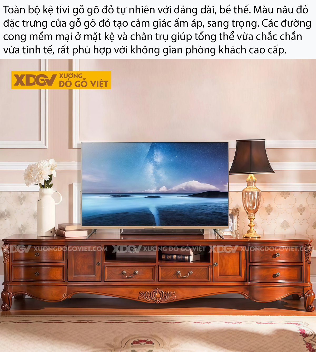 Mẫu Kệ Để Tivi Phòng Khách Gỗ Gõ Đỏ Tân Cổ Điển Hoàng Gia