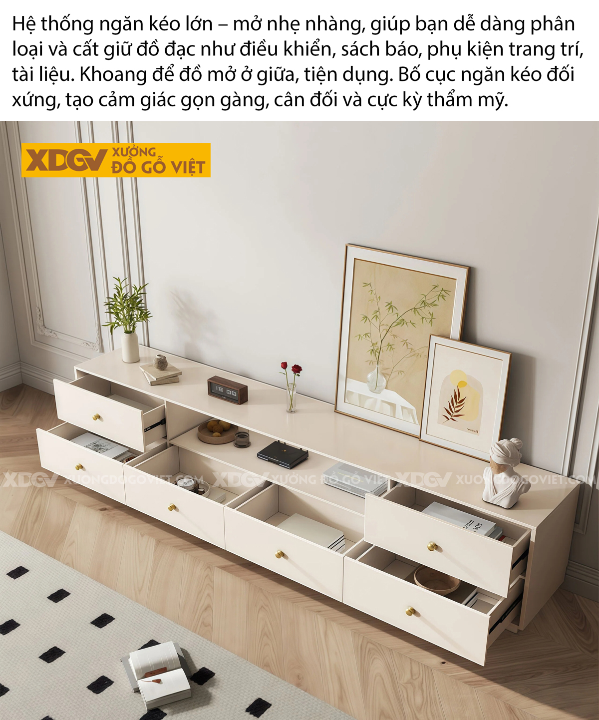 Mẫu Kệ Để Tivi Phòng Khách Gỗ MDF Phân Tầng Ngăn Kéo Lưu Trữ