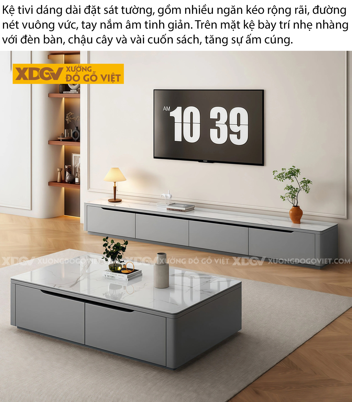 Mẫu Kệ Để Tivi Phòng Khách Gỗ MDF Tích hợp Mặt Đá Sang Trọng