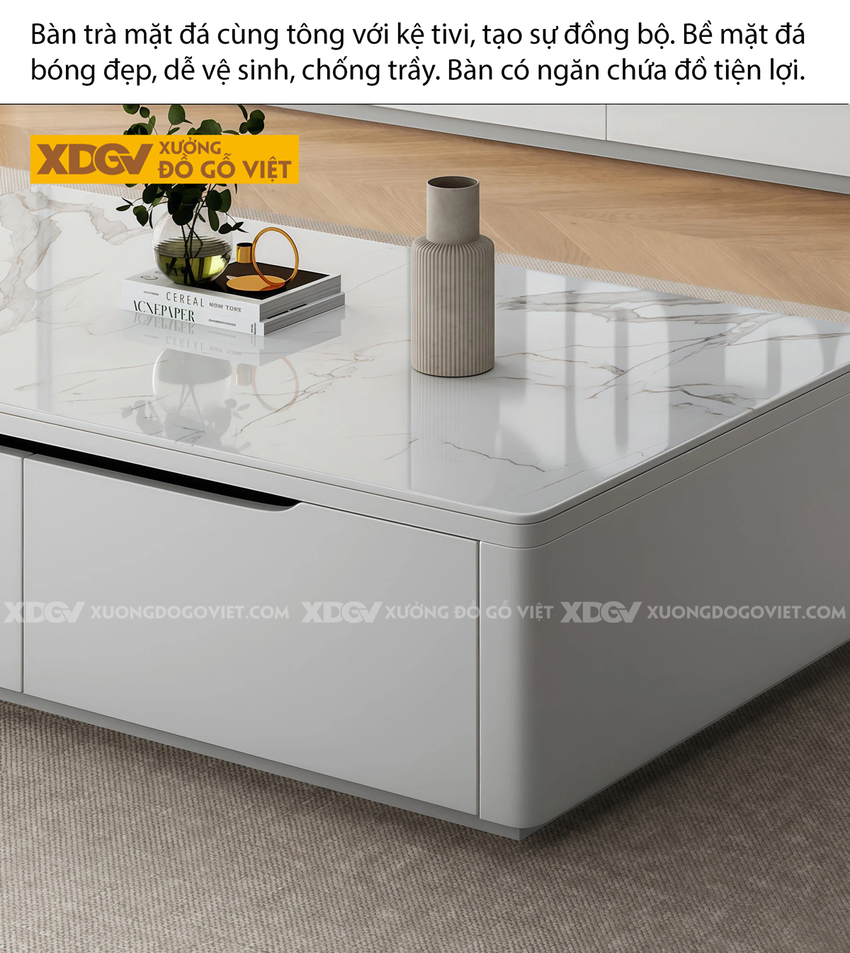 Mẫu Kệ Để Tivi Phòng Khách Gỗ MDF Tích hợp Mặt Đá Sang Trọng