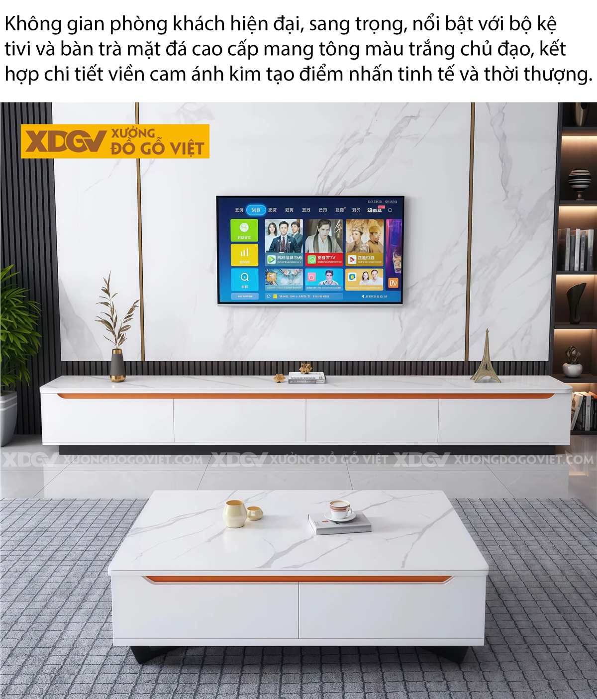 Mẫu Kệ Để Tivi Phòng Khách Gỗ MDF Tích hợp Mặt Đá Sang Trọng