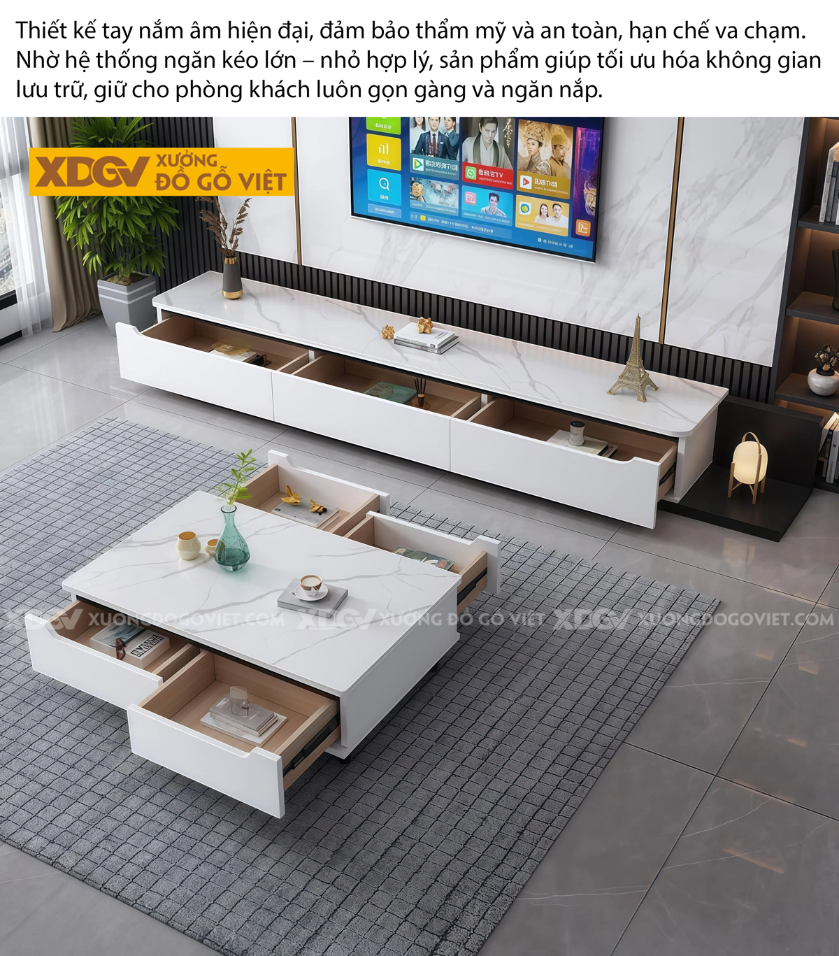 Mẫu Kệ Để Tivi Phòng Khách Gỗ MDF Tích hợp Mặt Đá Sang Trọng