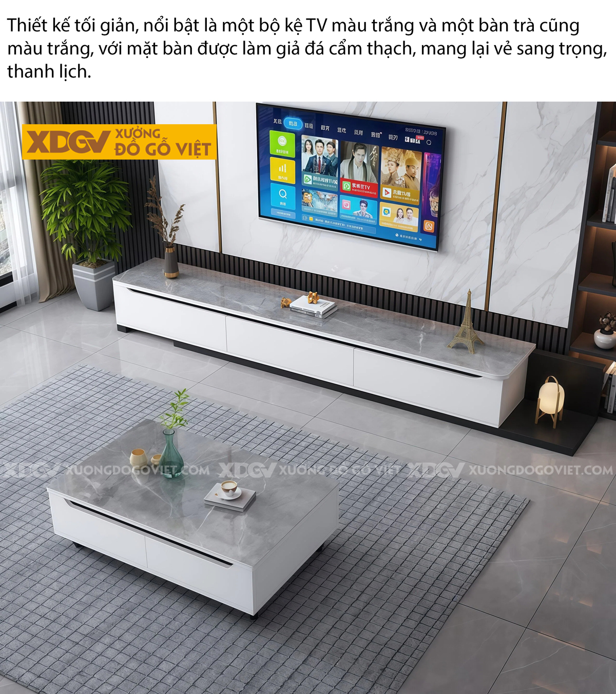 Mẫu Kệ Để Tivi Phòng Khách Gỗ MDF Tích hợp Mặt Đá Sang Trọng