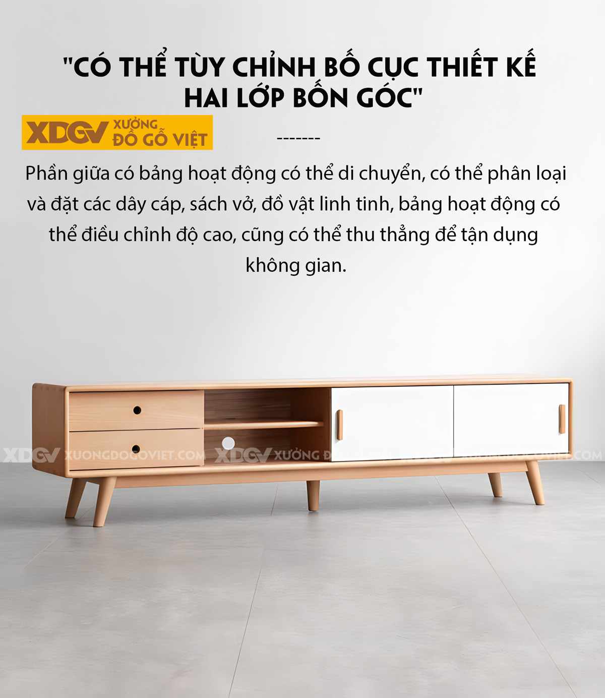 Mẫu Kệ Để Tivi Sồi Mỹ 2 Cánh Trượt Màu Trắng Tay Nắm Gỗ